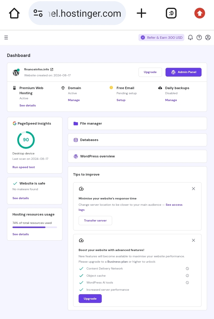 Hostinger control panel screenshot, web hosting 